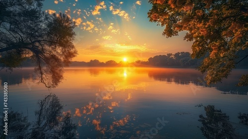Capture the serene beauty of a sunrise over a tranquil lake, with silhouettes of trees framing the scene