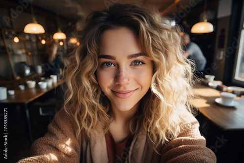 A happy young woman taking selfie with coffee cup in the coffee shop.
