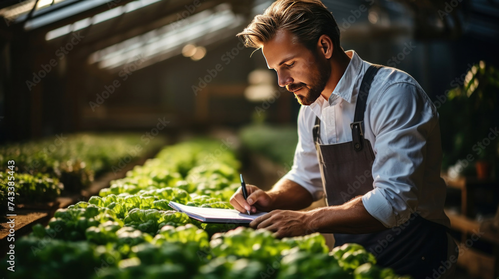 A male worker in apron writing notes in notepad while harvesting lettuce at agricultural greenhouse in countryside. Agriculture concept. - obrazy, fototapety, plakaty 