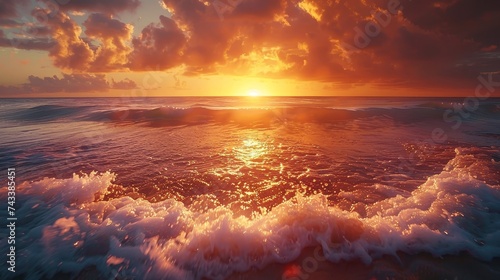 Capture the dynamic beauty of a beach at sunrise, where the tide ebbs and flows under the awakening sky