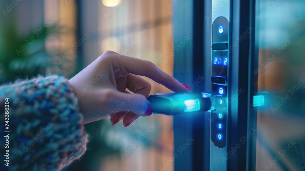 custom made wallpaper toronto digitalClose-up of woman's fingers entering a password on smart touch digital door keypad on the front door lock.