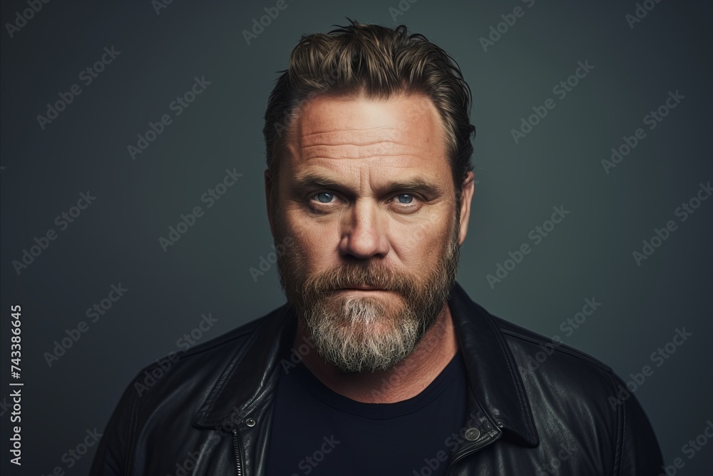 Portrait of a handsome bearded man in a black leather jacket.