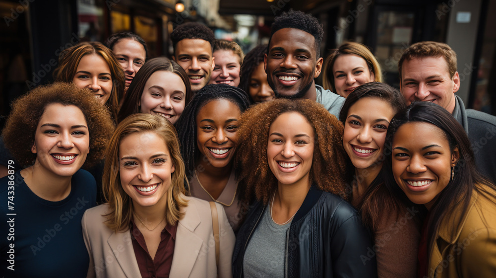 Above view of Large group of diverse ethnicity people looking up with looking at camera.