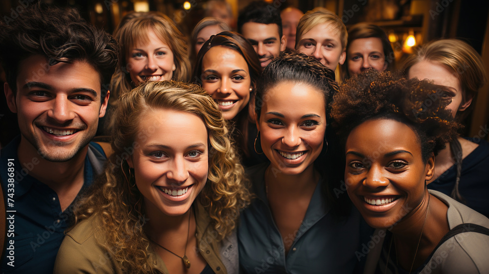 Above view of Large group of diverse ethnicity people looking up with looking at camera.