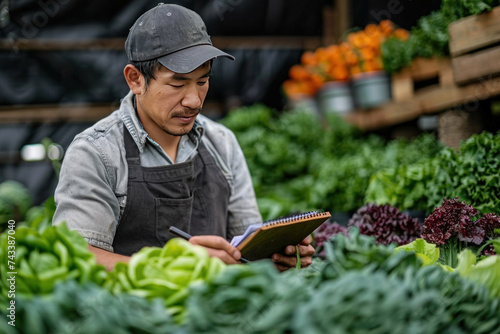 Asian young male worker in apron writing notes in notepad while harvesting lettuce at agricultural greenhouse in countryside. Agriculture concept.