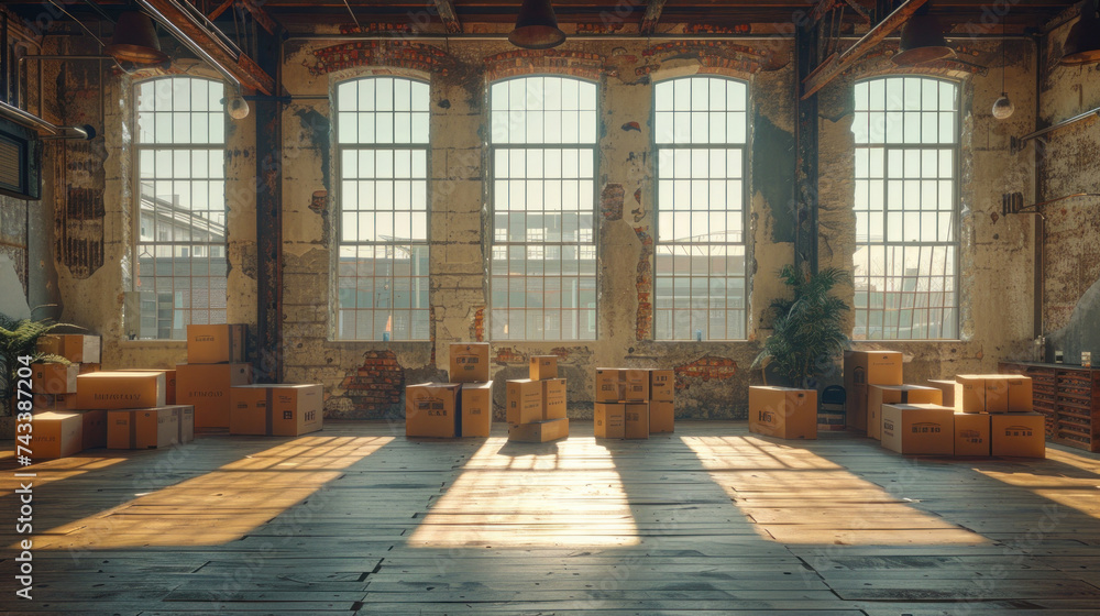 Empty room with cardboard boxes. Moving day concept.