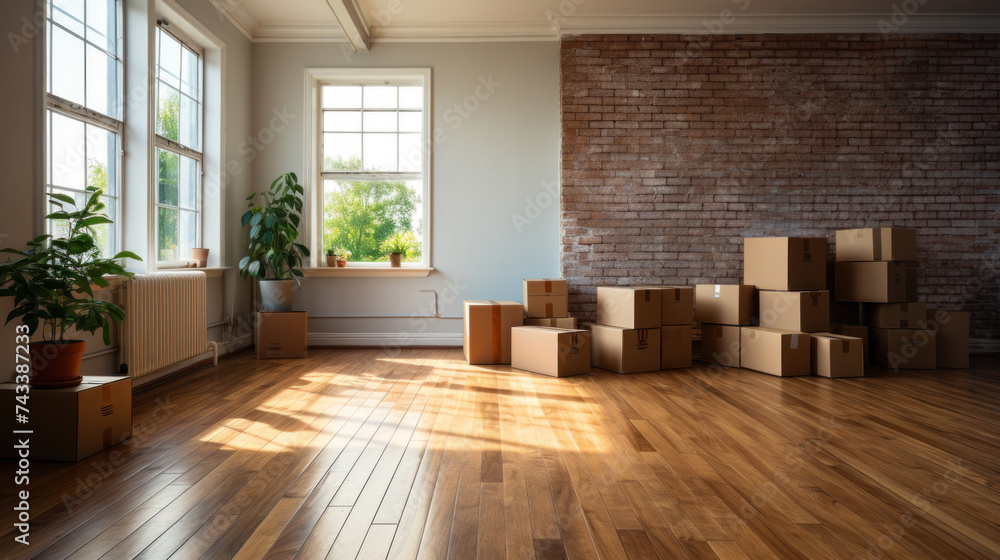 Empty room with cardboard boxes. Moving day concept.