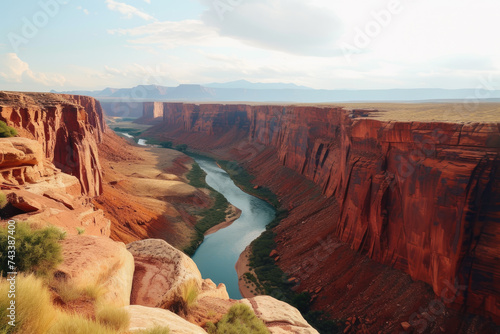 canyon with red rock formations and a river running through it