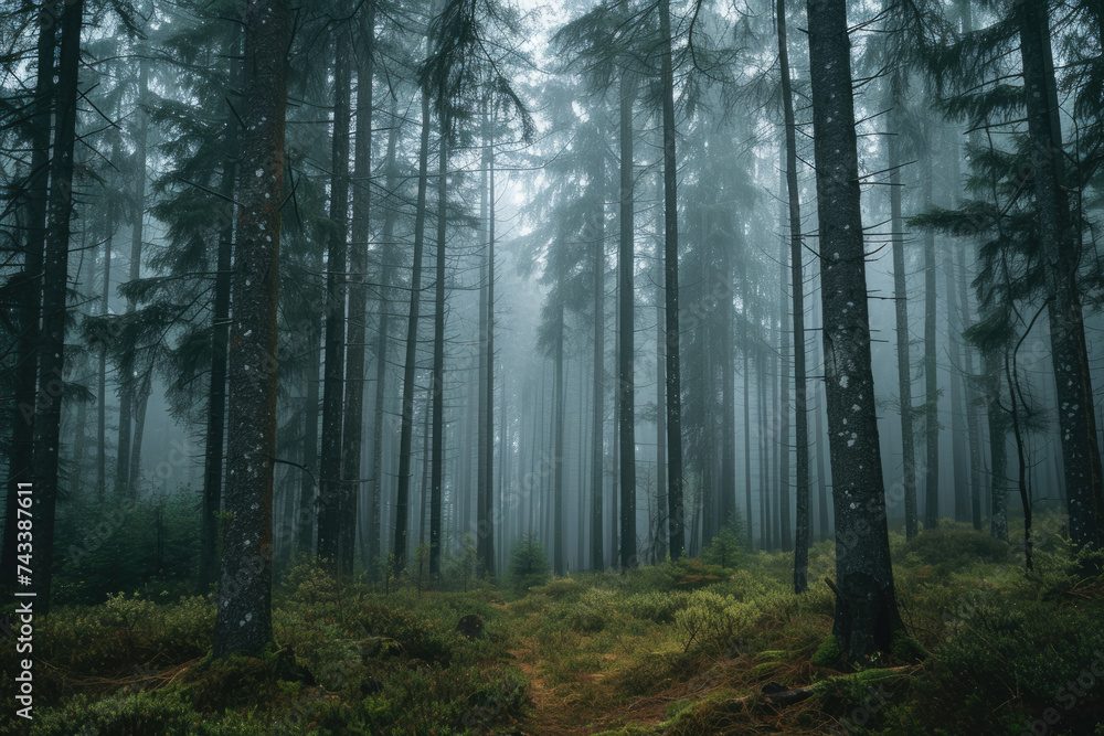 Naklejka premium forest with a misty fog and tall trees