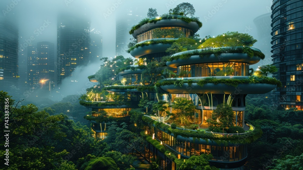An eco-futuristic urban landscape filled with greenery, parks, and urban green spaces.
