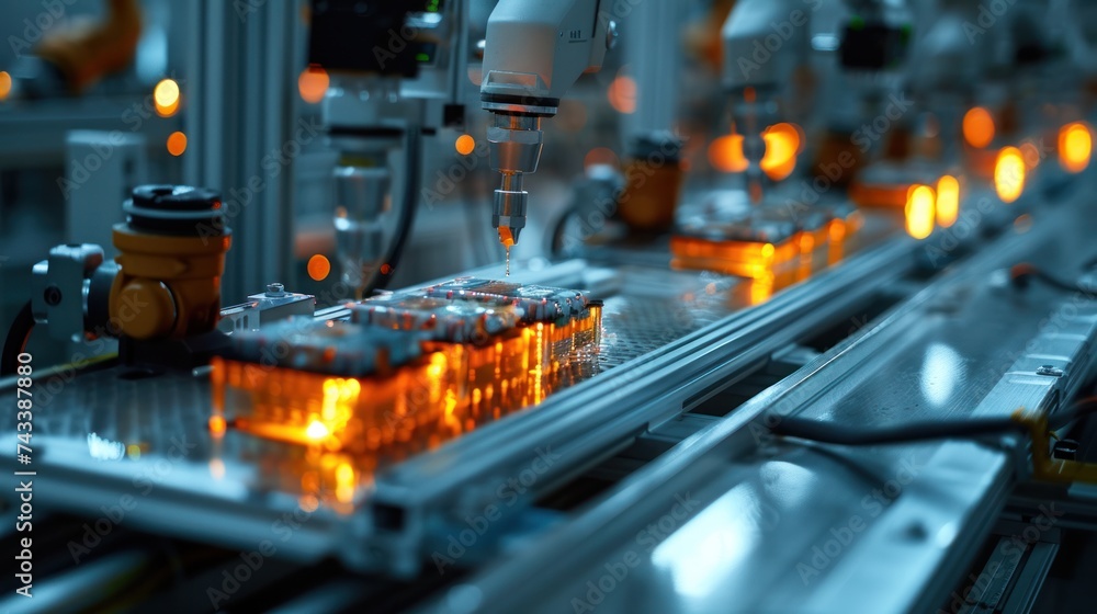 Electric vehicle battery pack production process In the lithium-ion battery cell production line A robot arm transports car battery modules to a conveyor belt. Electric vehicle battery pack production process In the lithium-ion battery cell production line A robot arm transports car battery modules to a conveyor belt.