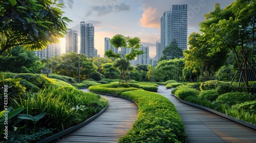 An eco-futuristic urban landscape filled with greenery, parks, and urban green spaces. © sirisakboakaew