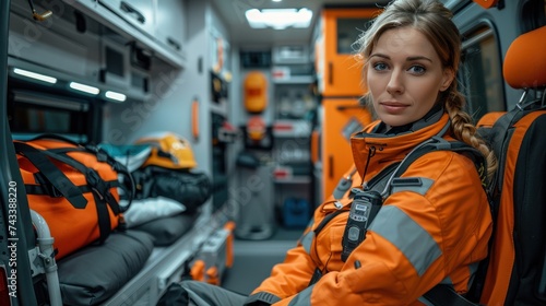 emergency concept Female EMS worker in an ambulance on the way to the hospital Emergency medical care assistants work in ambulances.