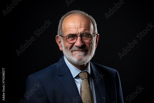 Portrait of a senior businessman in a suit on a black background.