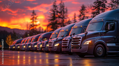 Modern trucks parked in a row at the parking lot. photo
