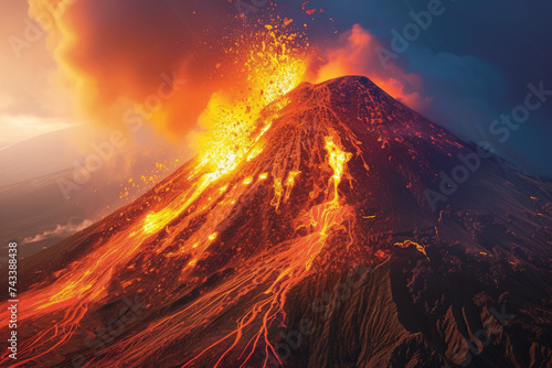 volcanic eruption, with lava flowing down the side of a mountain