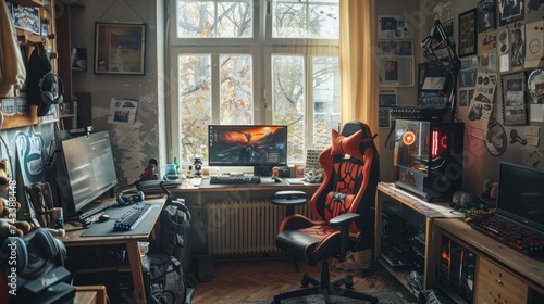 General view home workplace of gamer with computer and gamepad. Cyber Sport Championship.