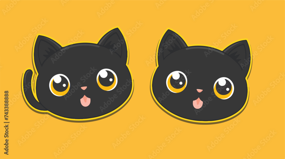 Two black cat face head. Kitten set line banner.