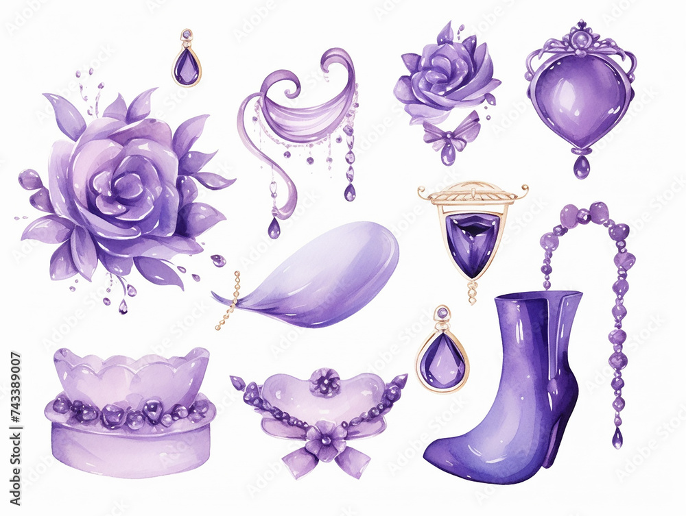 Set collection of purple delicate accessories of a fairy princess watercolor drawing isolated on a white background soft lavender color