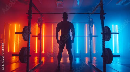 A man prepares for his weightlifting session in a vibrant red and blue neon-lit gym environment, evoking focus and preparation