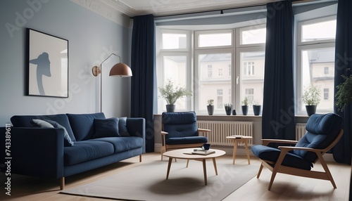 Contemporary blue interior design modern living room with window 