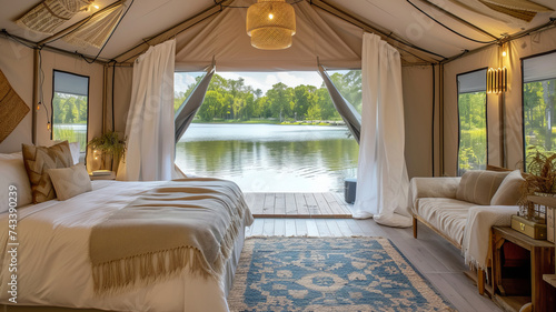 Luxurious glamping tent interior with a serene lakeside view, a retreat designed with AI generative concepts. photo