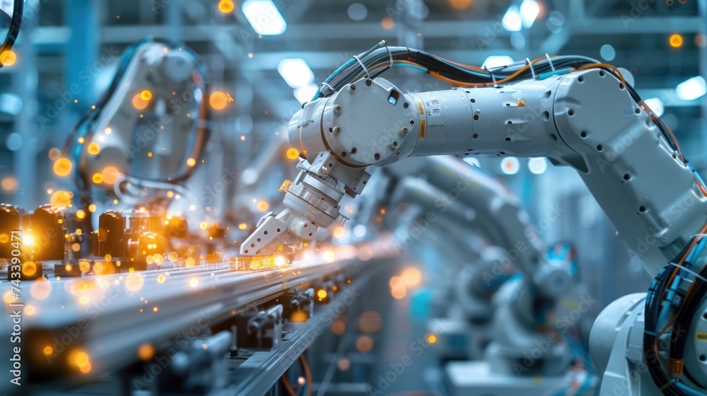 Modern factory. Industry 4.0. The project engineer talks to a female worker controlling a production line in a factory. It uses a computer machine learning. Modern factory. Industry 4.0. The project engineer talks to a female worker controlling a production line in a factory. It uses a computer machine learning.