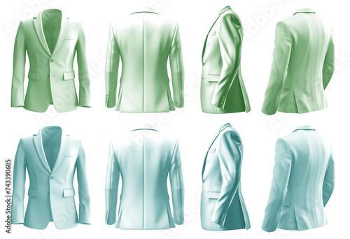 2 Set of pastel green turquoise blue, front back side view, business collar suit blazer jacket coat on transparent background cutout, PNG file. Mockup template for artwork graphic design photo