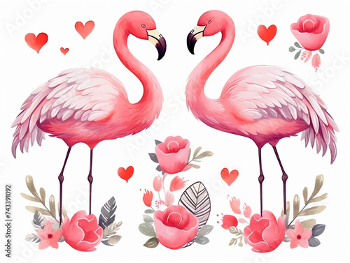 Watercolor valentines day love flamingo couple, hand drawn watercolor illustration for greeting card or invitation design © Pickoloh