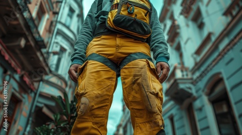 Maintenance worker with bag and tools kit wearing on waist. © sirisakboakaew