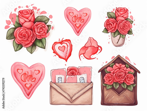 Big watercolor set for Valentines day cards design. Hand painted illustration. Pink hearts, gift box, red rose, love mail envelope, lips, isolated