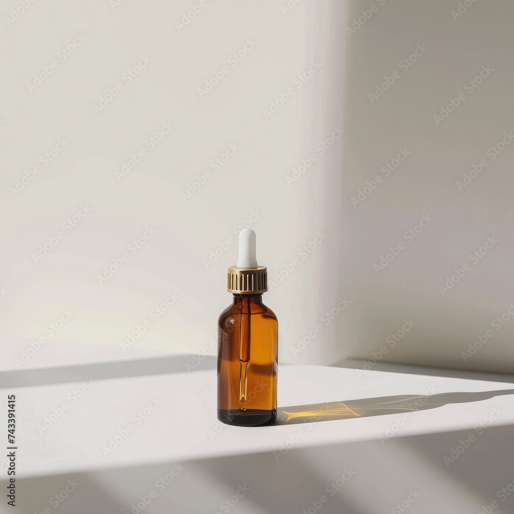 Minimalist amber glass bottle with dropper, highlighted by natural sunlight on a plain white background
