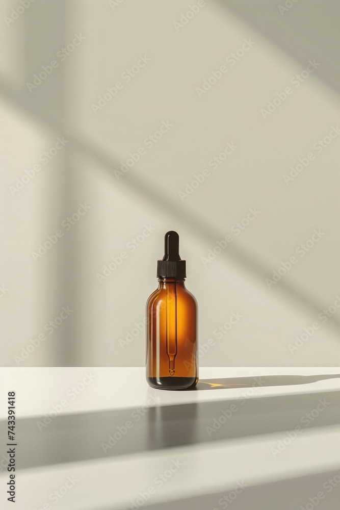 Minimalist amber glass bottle with dropper, highlighted by natural sunlight on a plain white background