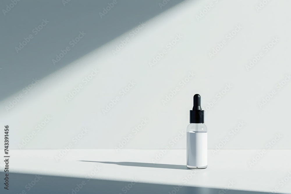 A clear dropper bottle stands on a white surface, casting a sharp shadow in bright, contrasting light A clear dropper bottle stands on a white surface, casting a sharp shadow in bright, contrasting light