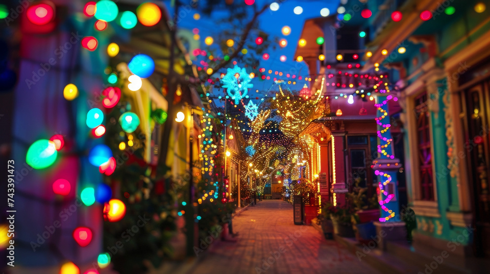A closeup of a brightly lit street with houses and buildings decorated with colorful lights and diyas creating a festive atmosphere.