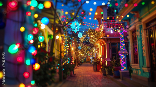 A closeup of a brightly lit street with houses and buildings decorated with colorful lights and diyas creating a festive atmosphere.