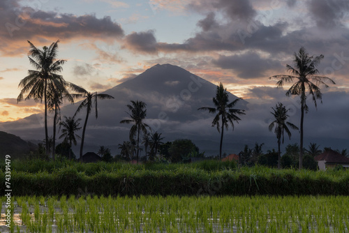 Mount Agung volcano scenic view from the rural village and ricefields of Amed in Bali during a colorful sunset.