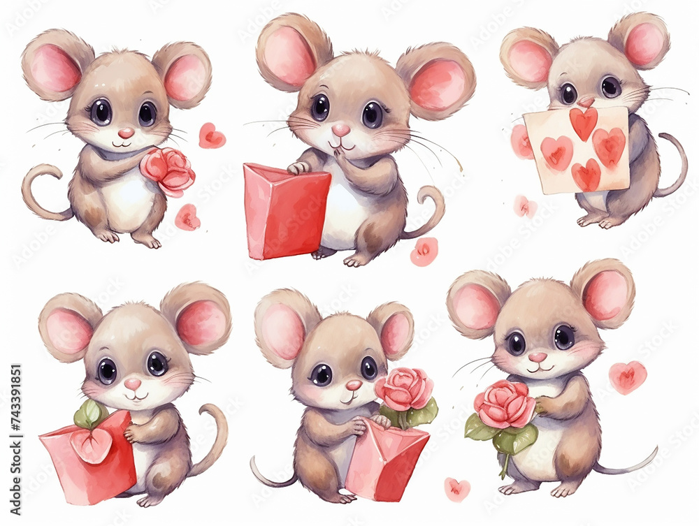 Watercolor valentines day love mouses couple, hand drawn watercolor illustration for greeting card or invitation design Watercolor valentines day love mouses couple, hand drawn watercolor illustration for greeting card or invitation design