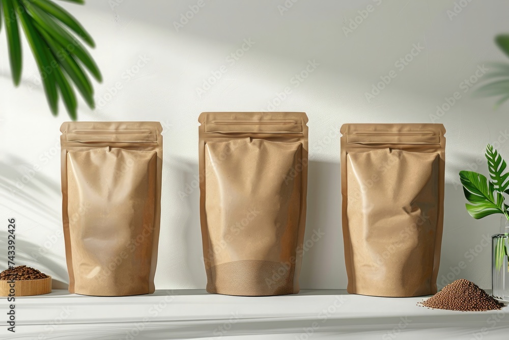 Stand-up kraft paper pouch suitable for food or product packaging, presented against a soft bright backdrop Stand-up kraft paper pouch suitable for food or product packaging, presented against a soft bright backdrop