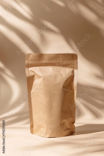 Stand-up kraft paper pouch suitable for food or product packaging, presented against a soft bright backdrop
