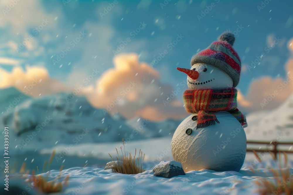 Obraz premium Cute little snowman in a wool hat and scarf. New year, christmas winter concept.happy jolly snowman on blue background, AI Generated