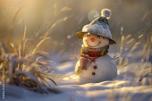 Cute little snowman in a wool hat and scarf. New year, christmas winter concept.happy jolly snowman on blue background, AI Generated
