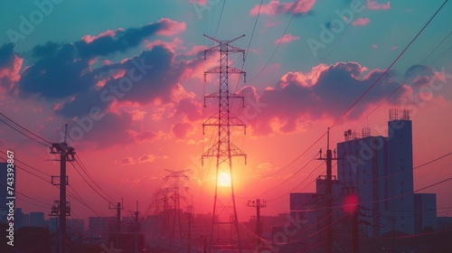Silhouette of high voltage tower at sunset