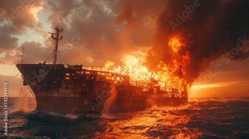 Ship fire. A large general cargo ship for logistics, import, export, and goods exploded and caused a large amount of fire and smoke at sea.