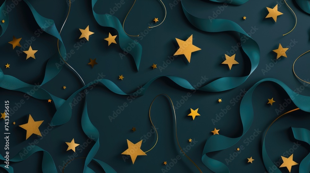 Christmas and New Year festive background. Golden stars and gilded ribbons on Navy blue background with copy space for text. The concept of Christmas and New Year holiday Ai generative