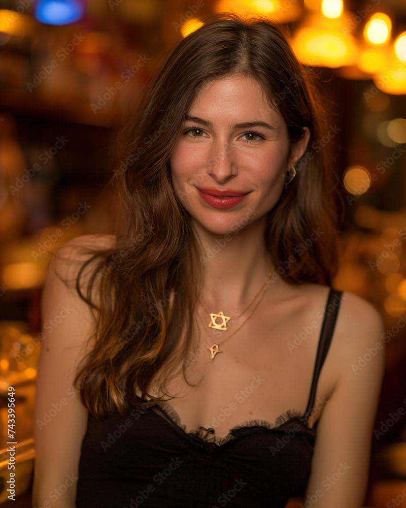 A photograph of a 30-year-old attractive brunette on date night sitting down at a upscale bar. A photograph of a 30-year-old attractive brunette on date night sitting down at a upscale bar.