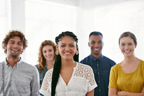 Business people, portrait and happy with teamwork at work for recruitment, onboarding or hiring process in office. Collaboration, professional workers and face with smile, diversity and creative team