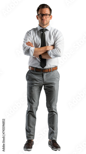 Isolated, transparent, no background, Confident Young Male Accountant in Elegant Suit and Tie Standing Proudly in Full Body Pose on Gray Background