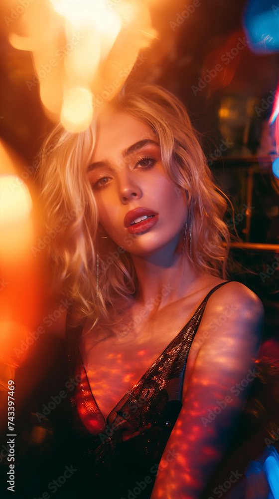 Fototapeta premium retro film style photo of a blonde woman with at a party with light leaks and double exposure. showing the woman is drunk or on drugs