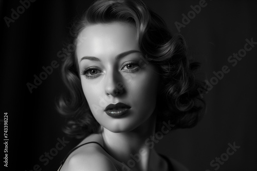 cinematic monochrome film portrait of a brunette white woman Instagram model  with a old Hollywood glamours fashion style.